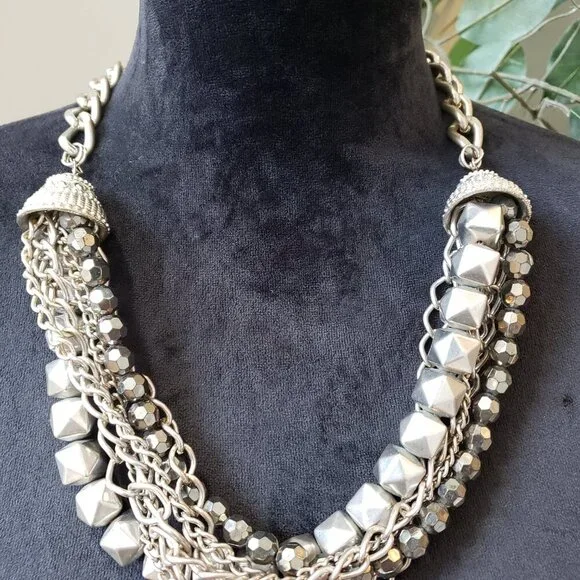 Womens Silver Tone Multiple Strand Chain & Beaded Necklace with Lobster Clasp - Picture 2 of 7
